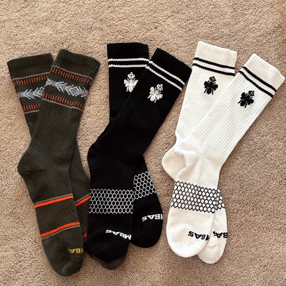 Bombas Men's Athletic Socks - Black and White, and Olive Green with design